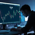Trader analyzing USD chart showing $2 support level with glowing screens illuminating dark trading desk