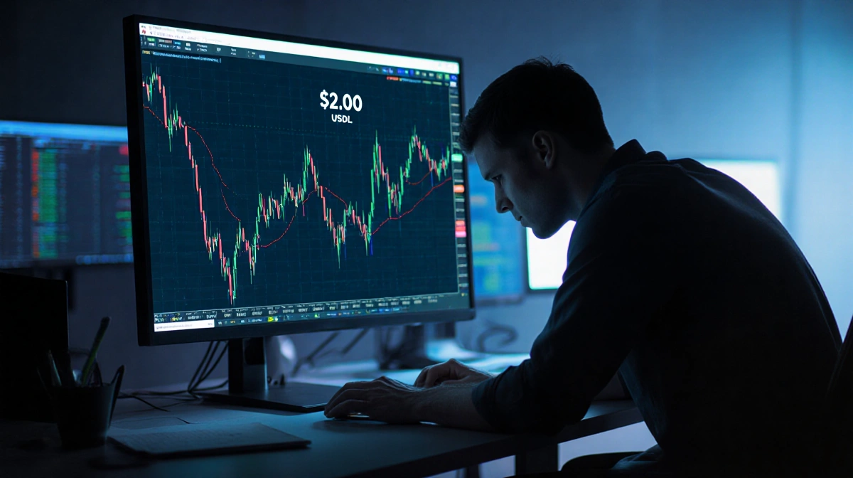 Trader analyzing USD chart showing $2 support level with glowing screens illuminating dark trading desk