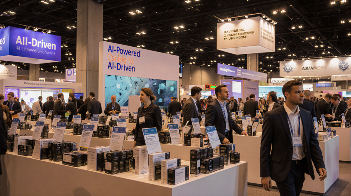 Crowded trade show booth displays rows of identical AI-powered products with warm colors and confused attendees.