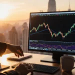 Trader placing stock order on large screen with coffee and notebook at sunset desk
