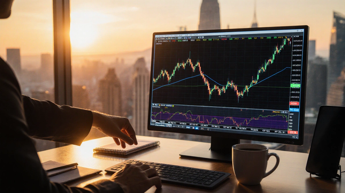 Trader placing stock order on large screen with coffee and notebook at sunset desk