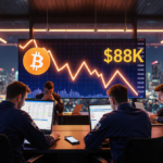 Traders hunched over laptops on a trading floor with a Bitcoin ticker and neon glow and cityscape backdrop