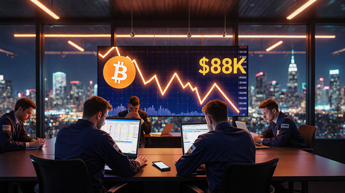 Traders hunched over laptops on a trading floor with a Bitcoin ticker and neon glow and cityscape backdrop