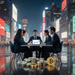 Business professionals debating cryptocurrency market with large screen displays and a tablet showing Cardano chart over neon