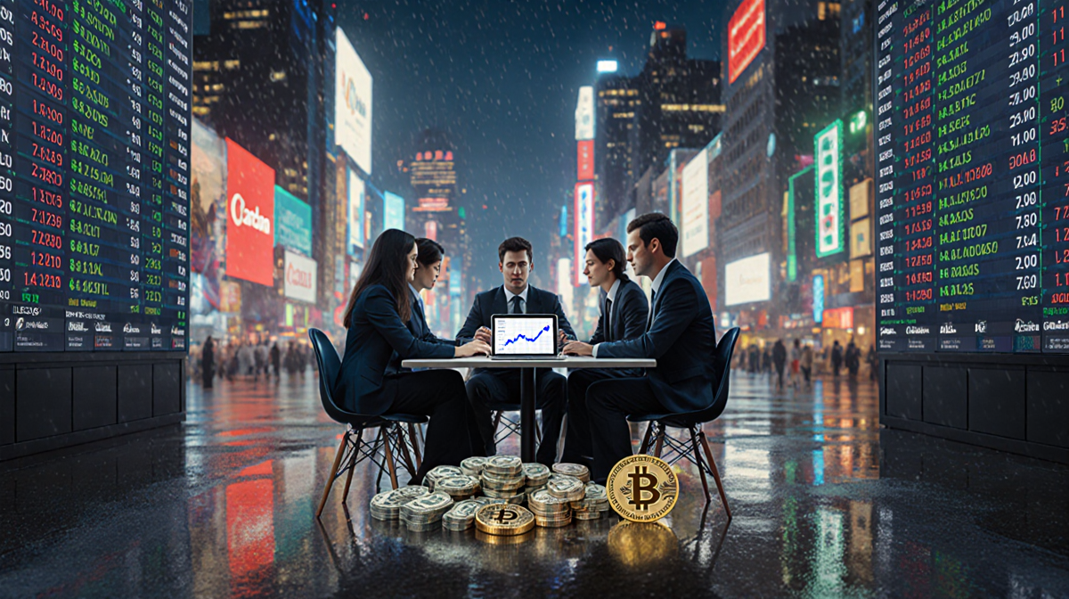 Business professionals debating cryptocurrency market with large screen displays and a tablet showing Cardano chart over neon