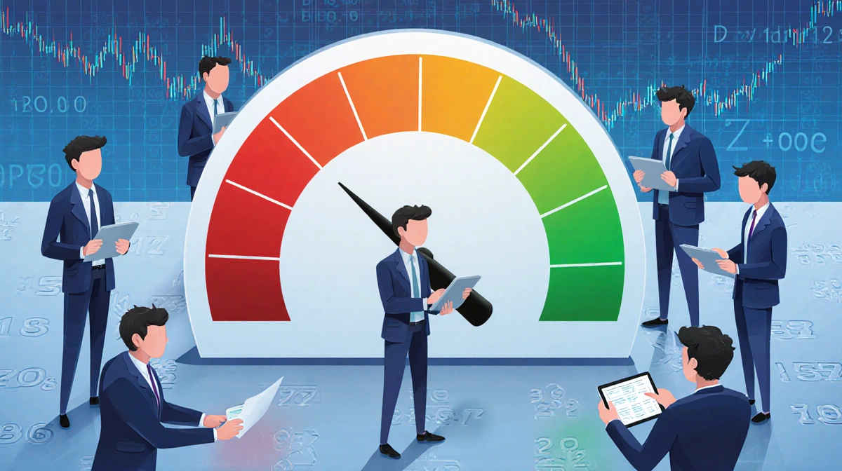 Traders monitor animated leverage gauge turning green with price charts and futures symbols on trading floor
