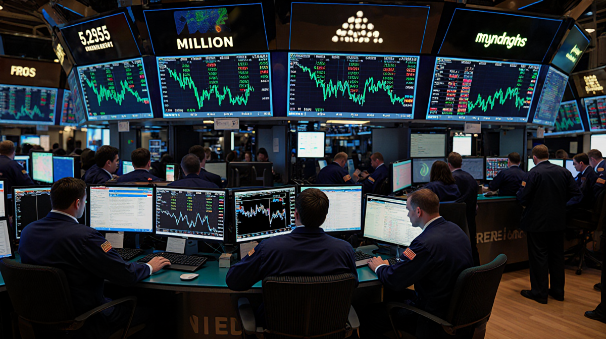 Computer screens flicker with charts showing open interest and market trends with neon accents