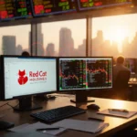 Red Cat Holdings logo glows on trading floor screen with golden sunrise lighting and stock charts showing market activity