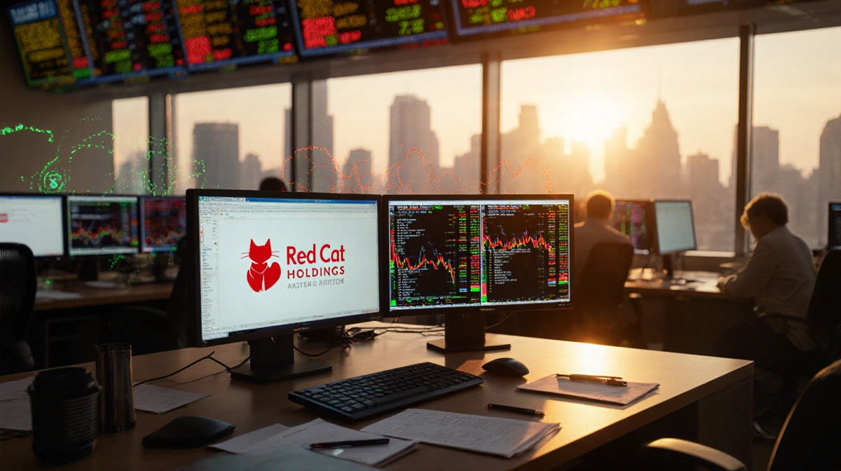 Red Cat Holdings logo glows on trading floor screen with golden sunrise lighting and stock charts showing market activity