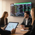 Young professionals discuss stock market trends with tablet showing financial charts and large ticker screen behind them