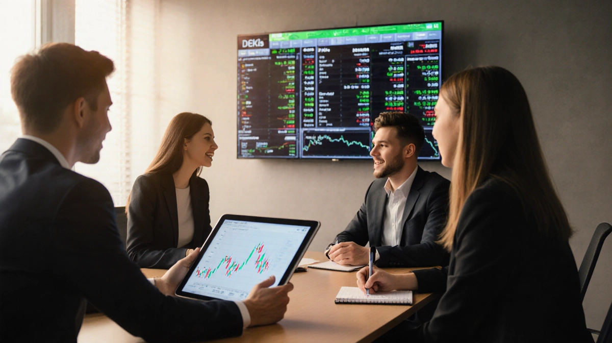 Young professionals discuss stock market trends with tablet showing financial charts and large ticker screen behind them