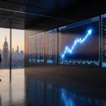 Trader stands before glowing stock market screen with upward trendline and city skyline at sunset