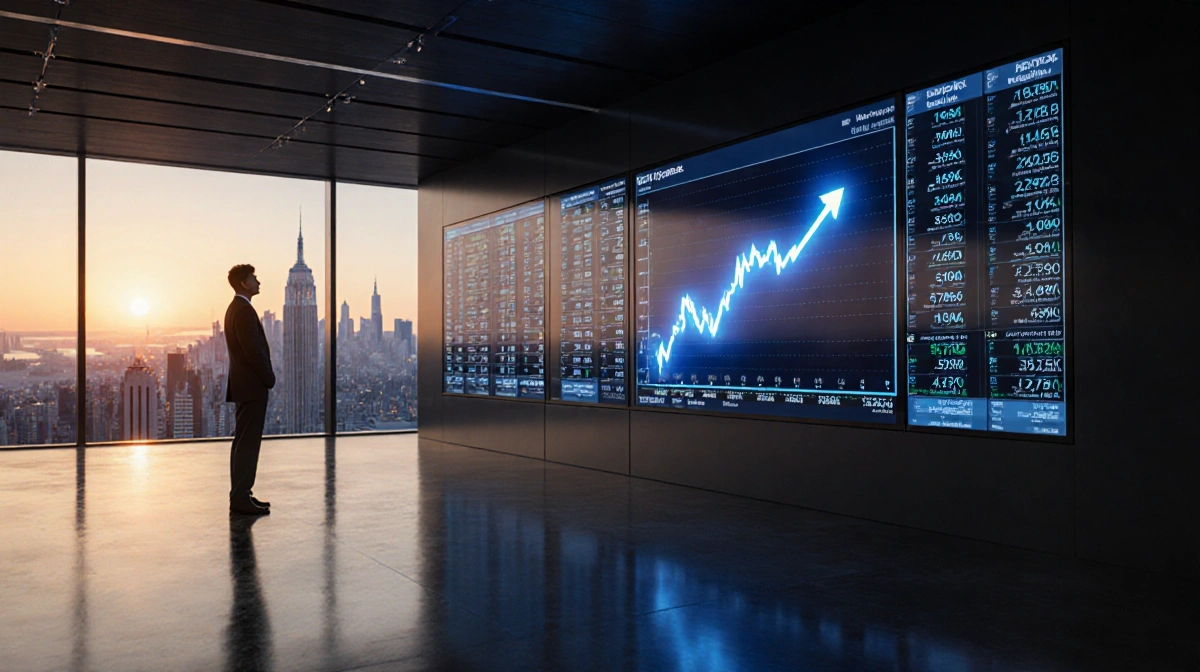 Trader stands before glowing stock market screen with upward trendline and city skyline at sunset
