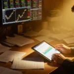 Trader analyzing stock market data on tablet with glowing screens and scattered papers in warm golden room