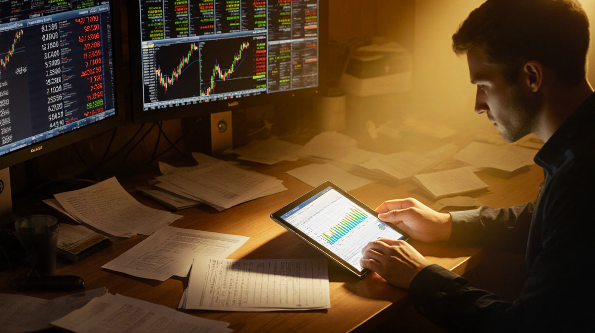 Trader analyzing stock market data on tablet with glowing screens and scattered papers in warm golden room