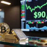 Large screen ticker shows Bitcoin near $90k with gold bar beside silver bar on glass shelf under warm lighting