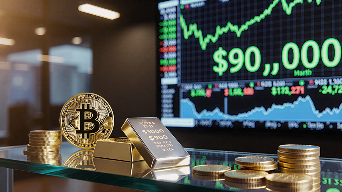 Large screen ticker shows Bitcoin near $90k with gold bar beside silver bar on glass shelf under warm lighting