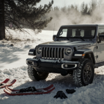 Jeep parked on icy hillside with abandoned sleds and scattered gloves mist rising and long shadows