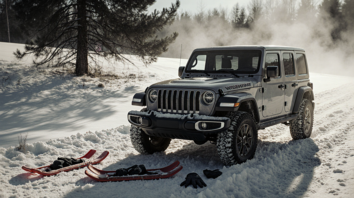 Jeep parked on icy hillside with abandoned sleds and scattered gloves mist rising and long shadows
