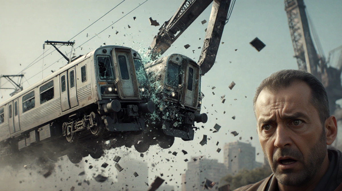 Crane splits train carriage mid-air with shocked passenger watching from nearby and debris scattered around