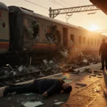 Emergency responders treat injured person on train platform with wrecked train and scattered debris behind