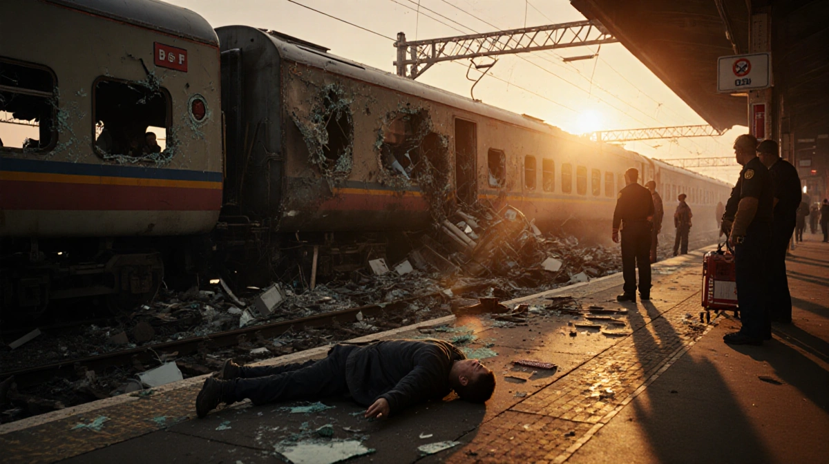 Emergency responders treat injured person on train platform with wrecked train and scattered debris behind