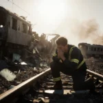 Rescue worker kneels beside wrecked train car with debris scattered across Spanish railway tracks