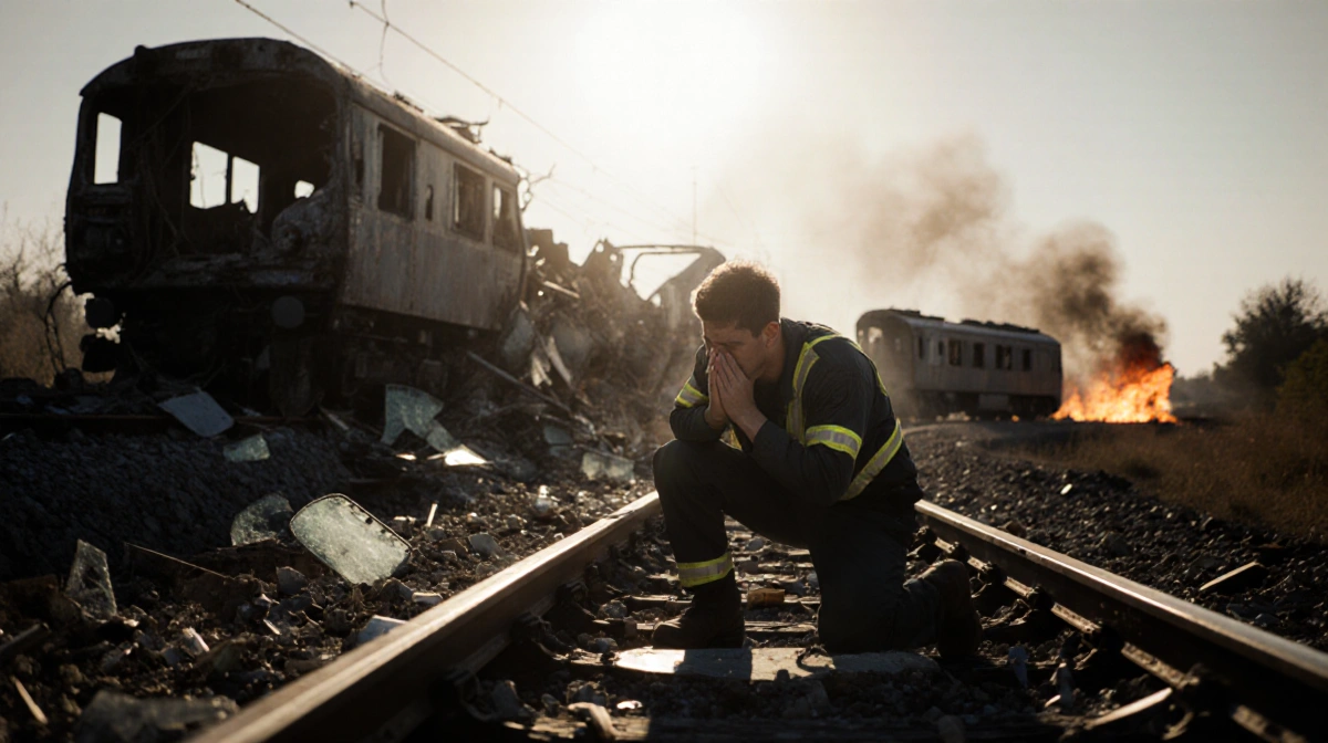 Rescue worker kneels beside wrecked train car with debris scattered across Spanish railway tracks