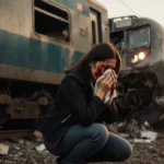 Distraught woman kneeling beside overturned train wreckage with blood-stained handkerchief and debris scattered around