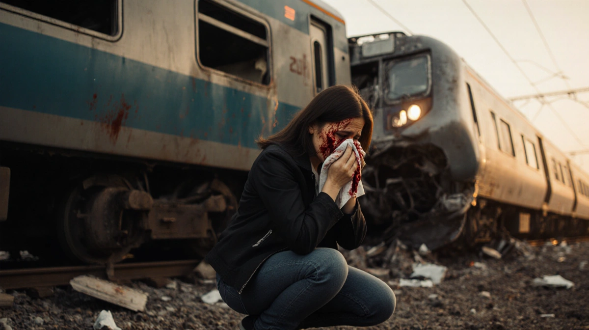 Distraught woman kneeling beside overturned train wreckage with blood-stained handkerchief and debris scattered around