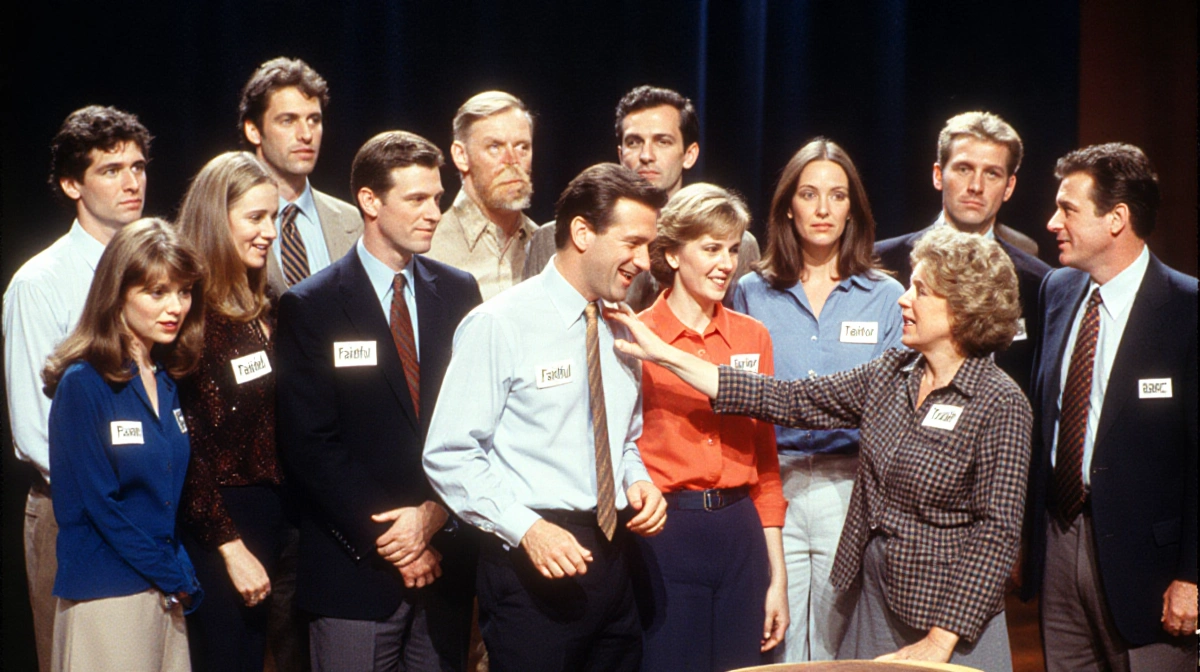 Alan Cumming revealing traitors with Candiace and Rob receiving tap on shoulder while shocked contestants watch