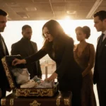 Candiace Dillard Bassett flings open ornate suitcase with shocked cast members looking on and golden light streaming through