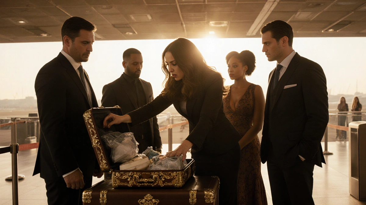 Candiace Dillard Bassett flings open ornate suitcase with shocked cast members looking on and golden light streaming through