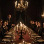 Contestants sit around a medieval table with candlelight and wine glasses showing suspicion and tension