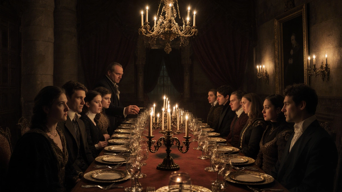 Contestants sit around a medieval table with candlelight and wine glasses showing suspicion and tension