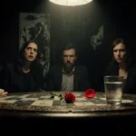 Contestants stare at ornate table with red rose petal and dim flickering lights casting shadows