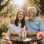 Trans woman sitting with father holding hands and smiling amid blooming flowers in a warm garden