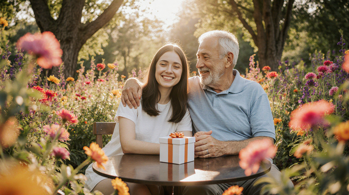 Trans woman sitting with father holding hands and smiling amid blooming flowers in a warm garden