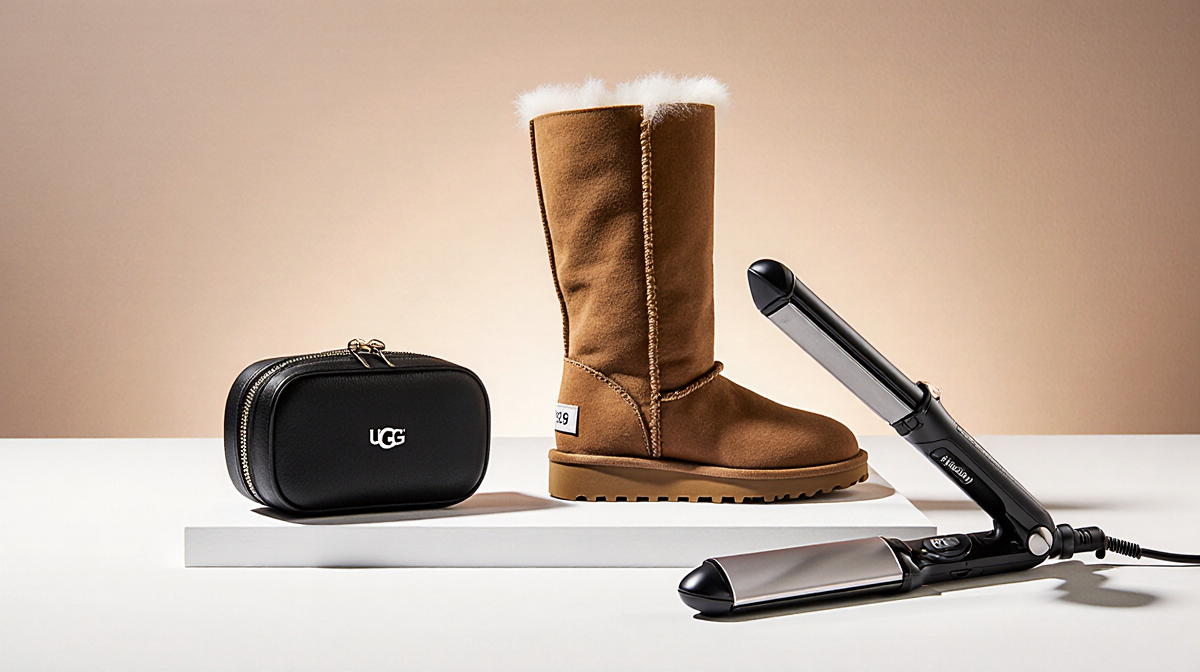 Travel jewelry case and Ugg boot arrange on a minimalist counter with warm lighting highlighting price contrast