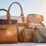 Travel purses arranged on sunny background with blue gradient and open bags revealing organized interiors