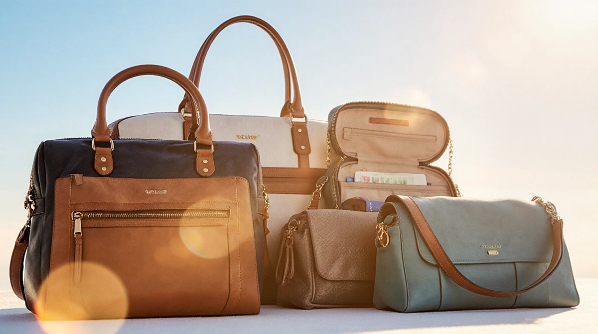 Travel purses arranged on sunny background with blue gradient and open bags revealing organized interiors