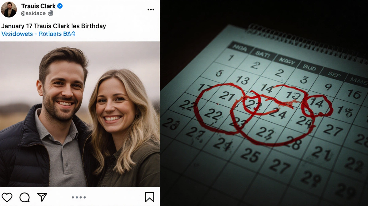 Travis Clark smiling with Katie Bates on birthday post and calendar circled in red showing January 17