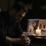 Man sits alone with flickering candle and wedding album showing happy memories