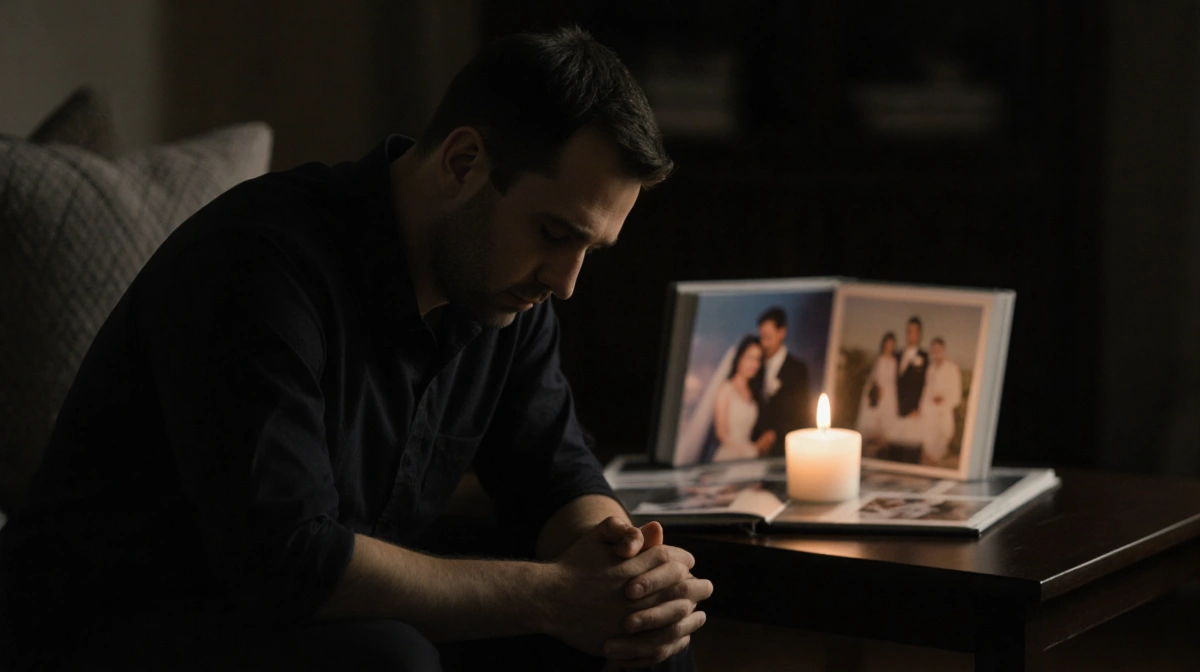 Man sits alone with flickering candle and wedding album showing happy memories