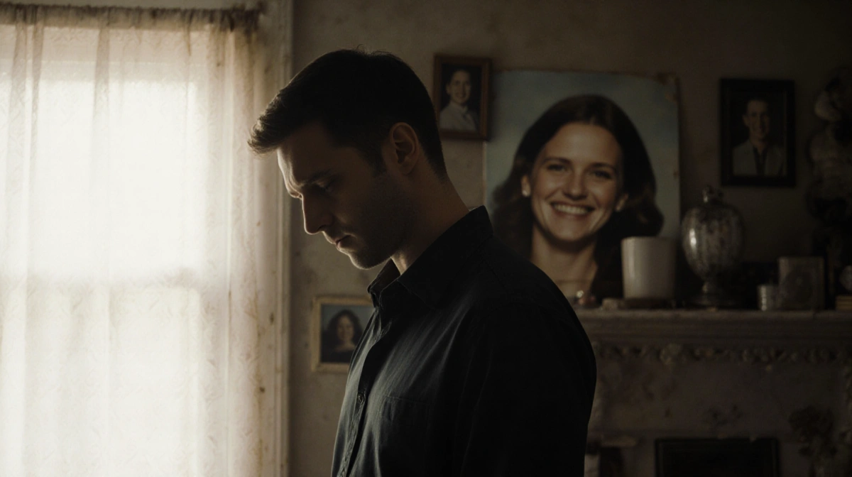 Travis Clark stands alone with head bowed near faded family photos and Katie Bates