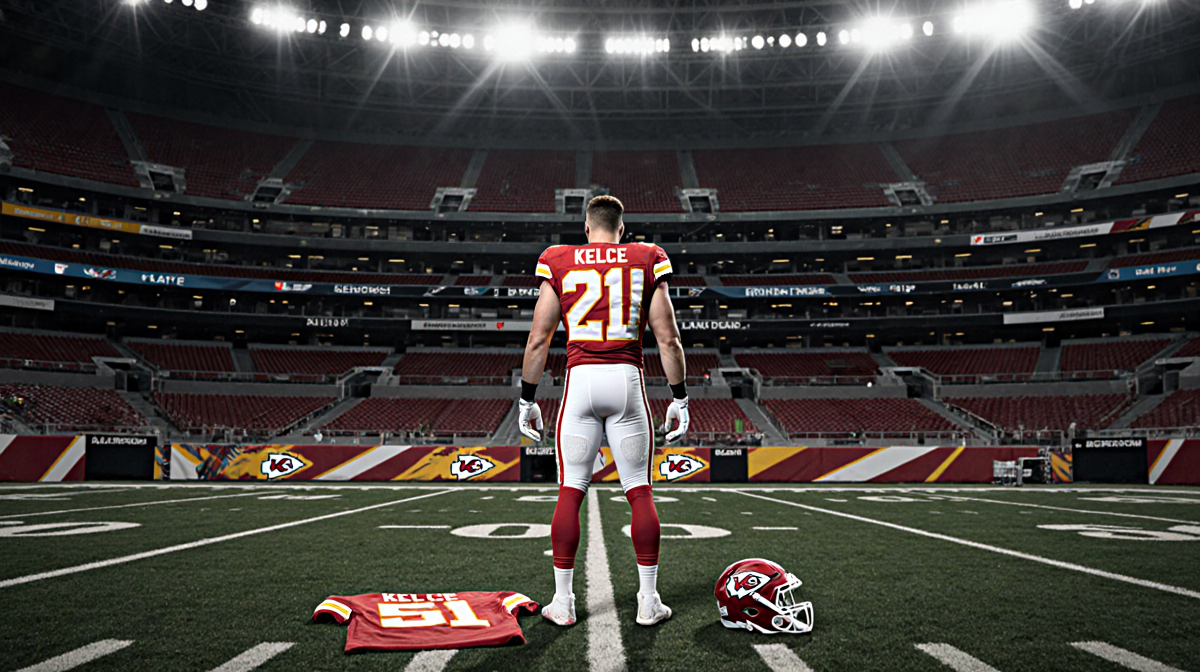 Travis Kelce stands with back to camera on empty Arrowhead Stadium football field with jersey and helmet beside him