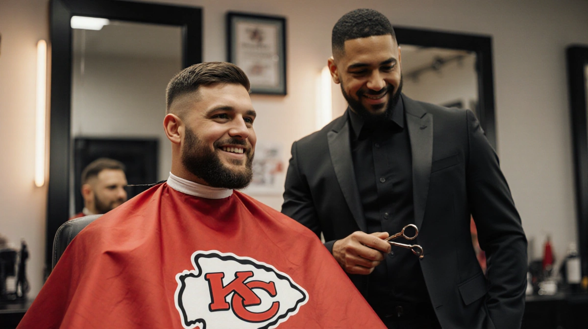 Travis Kelce getting a haircut with his barber Vince Garcia and wearing his Chiefs cape in warm barbershop lighting