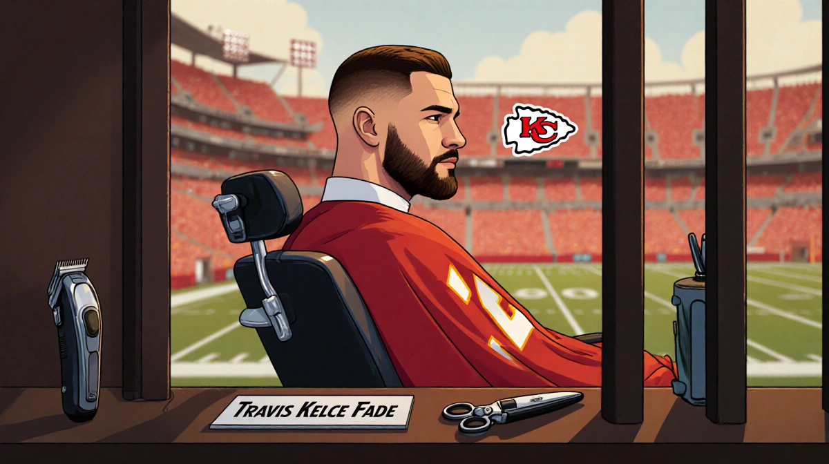 Travis Kelce getting a bald fade haircut with barber tools and Chiefs logo visible behind