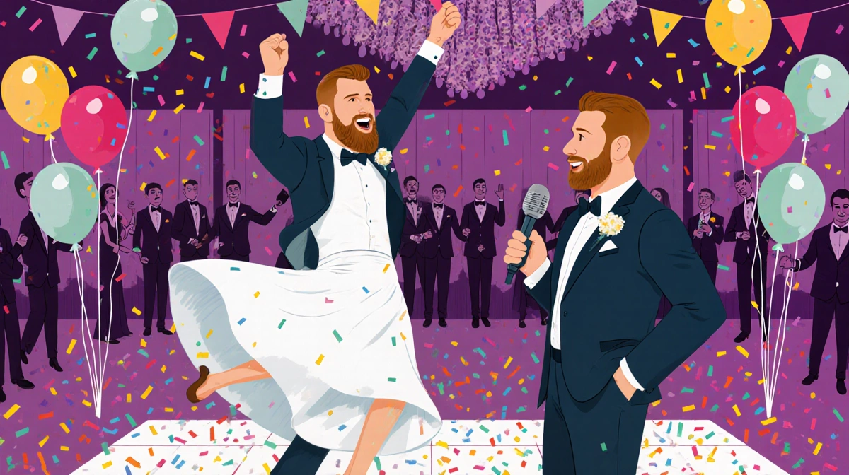 Travis Kelce asking Christian Olsen for wedding advice while Christian dances with arms raised high and Travis holds micropho