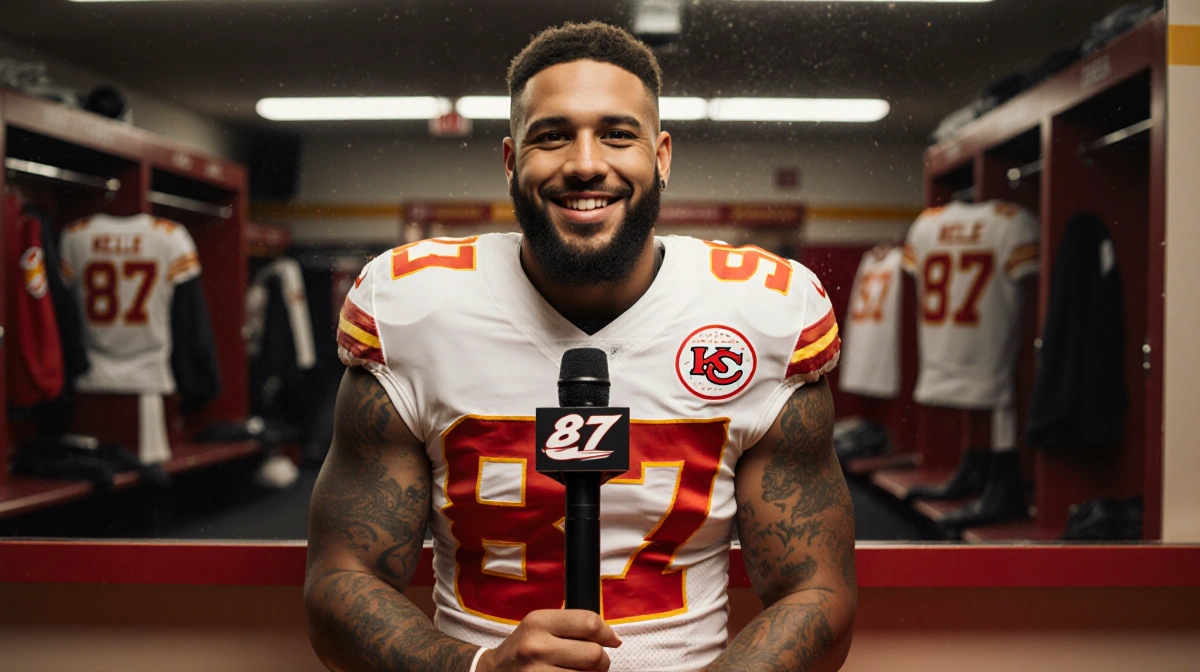 Travis Kelce speaking into microphone with Chiefs jersey and locker room reflection behind